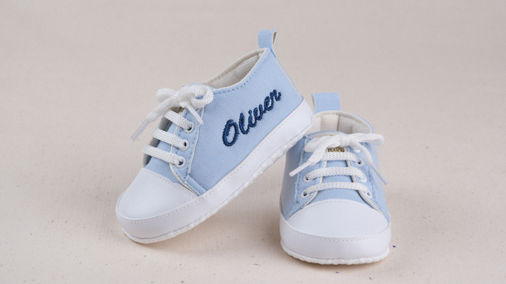 Mouliss Light Blue canvas personalized baby shoes — styling photo 1