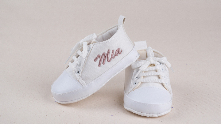 Mouliss White canvas personalized baby shoes — styling photo 1
