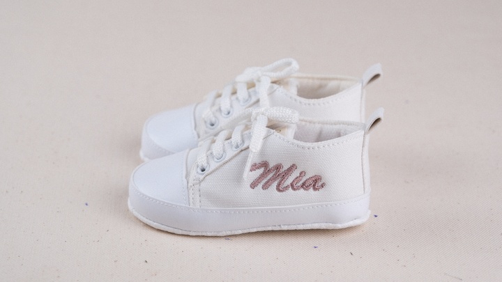 Mouliss White canvas personalized baby shoes — styling photo 2