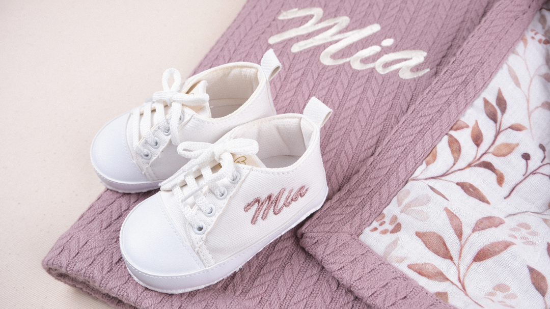 Mouliss White canvas personalized baby shoes — styling photo 4