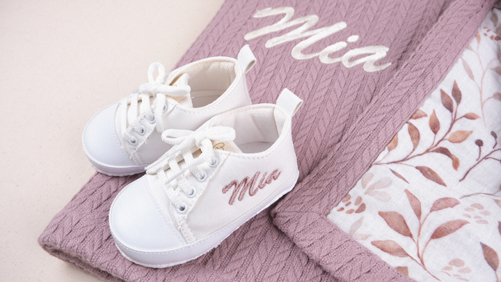 Mouliss White canvas personalized baby shoes — styling photo 4