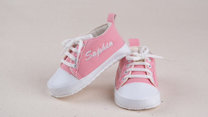 Mouliss Pink canvas personalized baby shoes — styling photo 2
