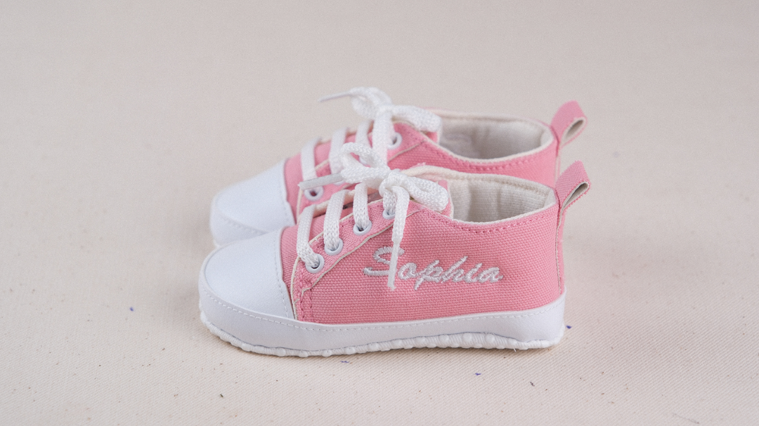 Mouliss Pink canvas personalized baby shoes — styling photo 1