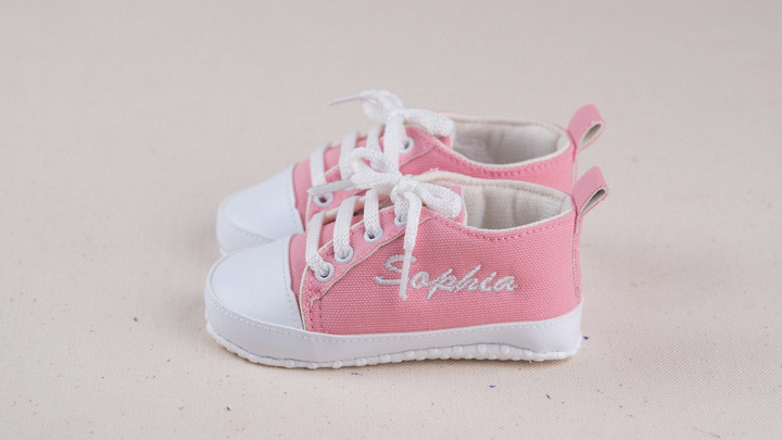 Mouliss Pink canvas personalized baby shoes — styling photo 1
