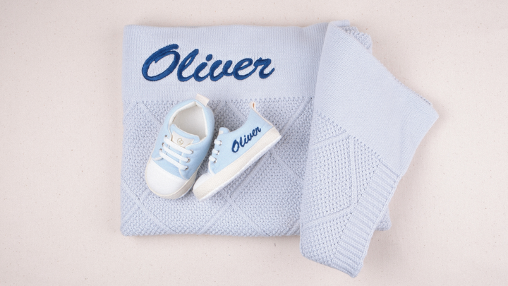 Mouliss Light Blue muslin personalized baby shoes — styling photo 3