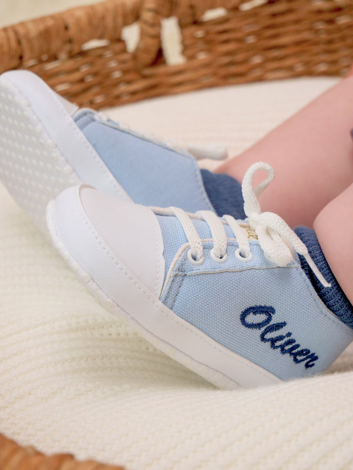 Mouliss personalized light blue canvas baby shoes with custom name embroidery, side view