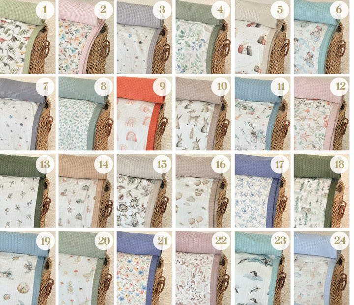 Soft cotton baby blanket with a light green waffle top and a playful dinosaur print on breathable muslin.