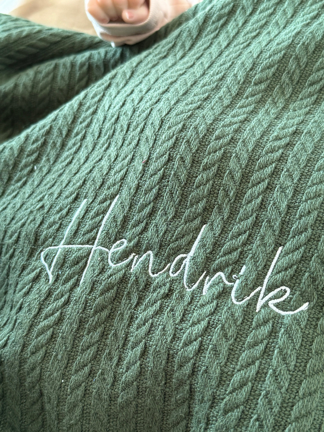 Green cable knit Personalized Baby Blanket by Cotton, embroidered with &