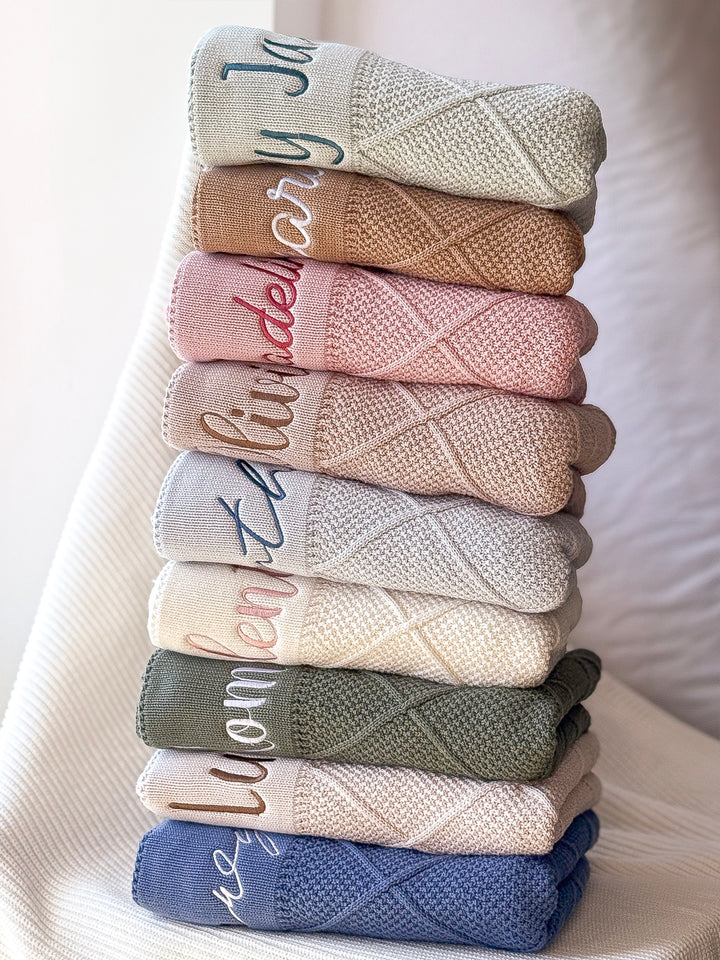 Mouliss diamond knit personalized baby blankets in all available colors layered together