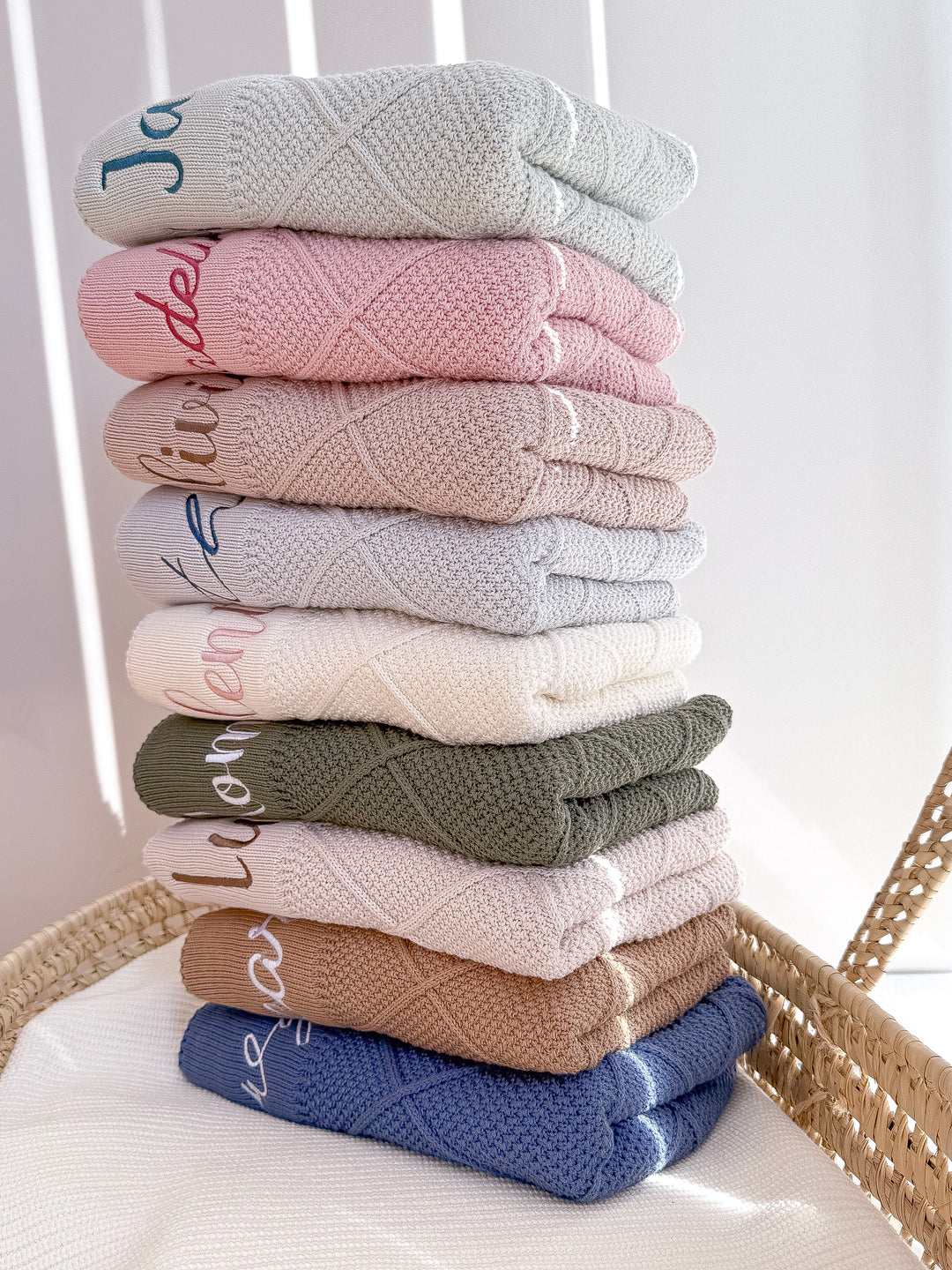 Mouliss diamond knit personalized baby blankets in all available colors layered together