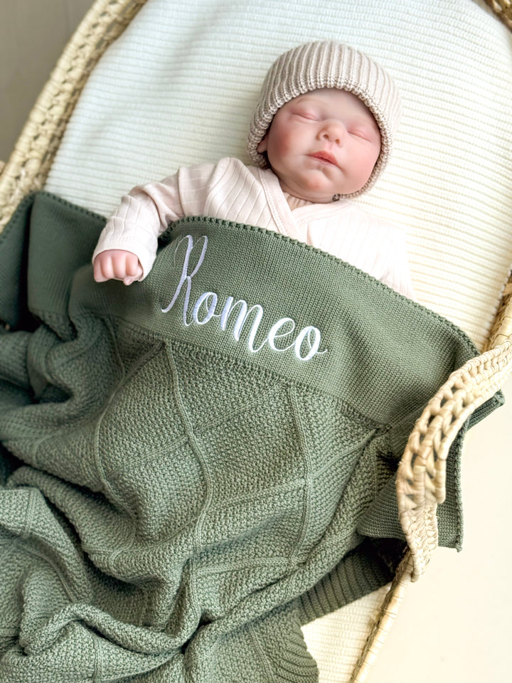 Mouliss Green diamond knit personalized baby blanket — styling photo 1