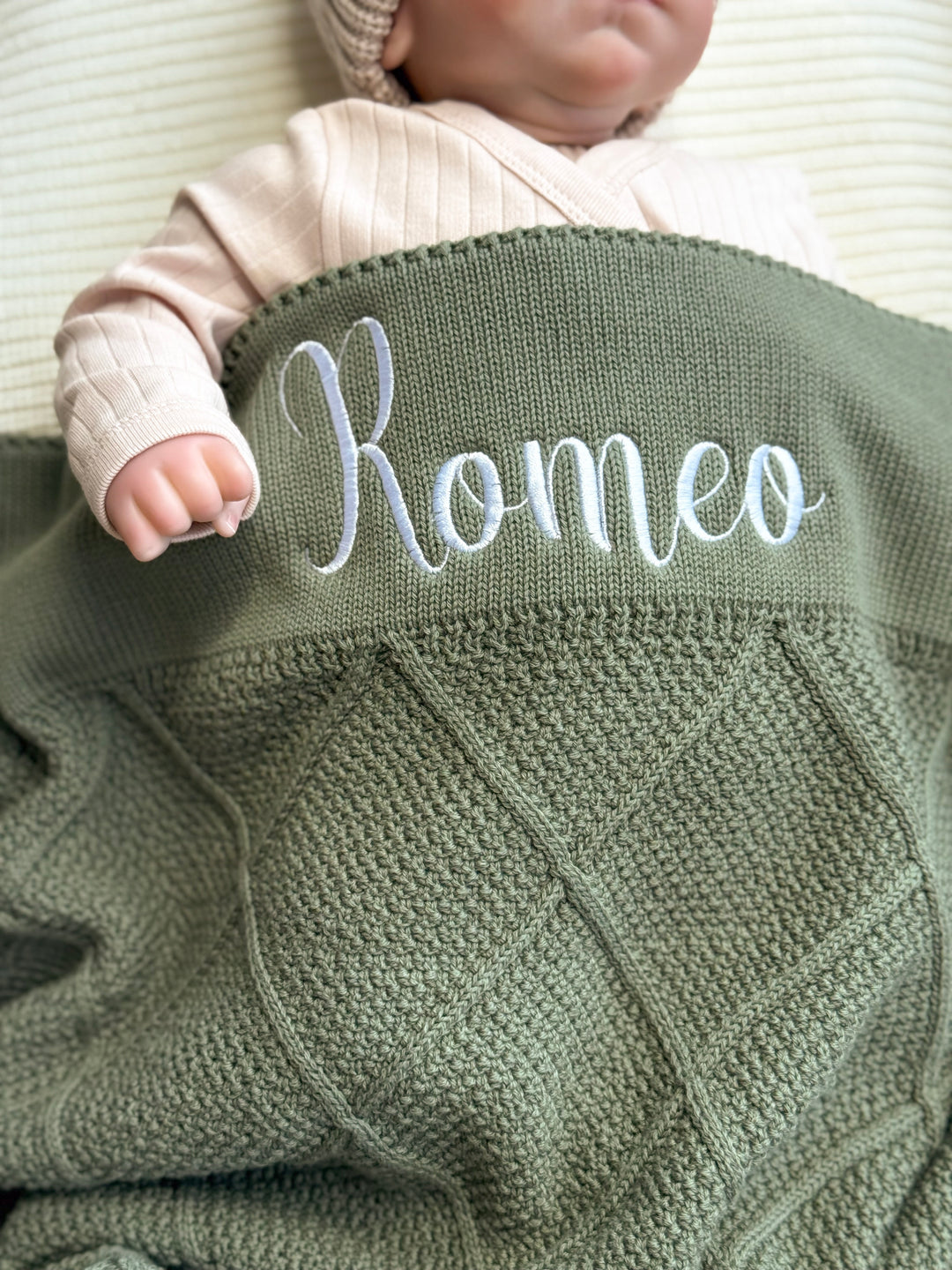 Mouliss Green diamond knit personalized baby blanket — styling photo 2
