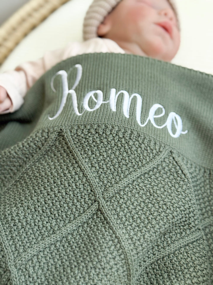 Mouliss Green diamond knit personalized baby blanket — styling photo 3