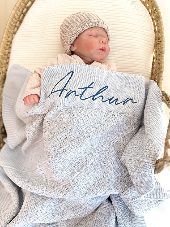 Mouliss Light Blue diamond knit personalized baby blanket — styling photo 1