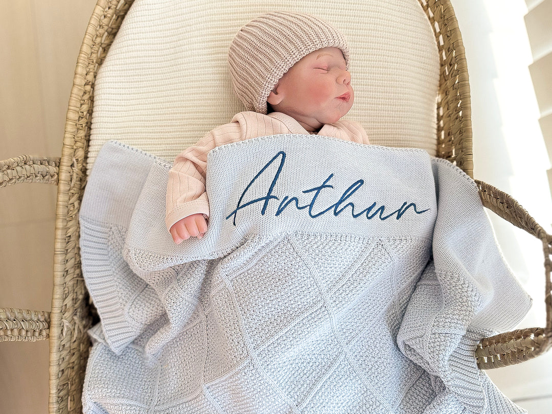 Mouliss Light Blue diamond knit personalized baby blanket — styling photo 2