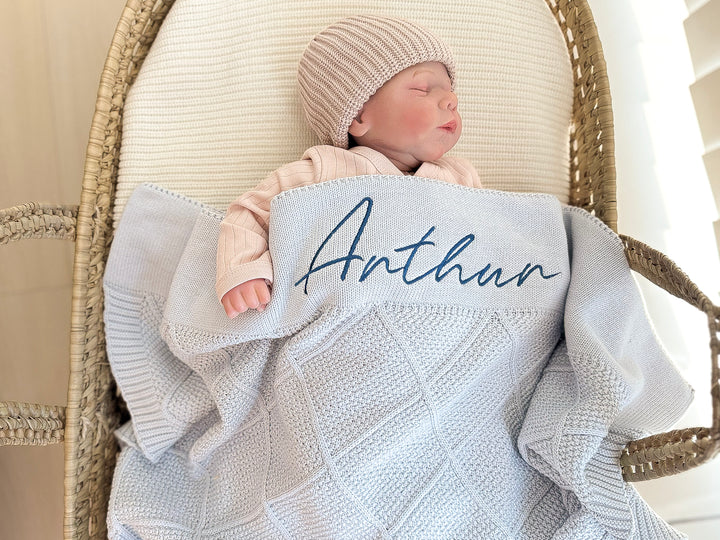 Mouliss Light Blue diamond knit personalized baby blanket — styling photo 2