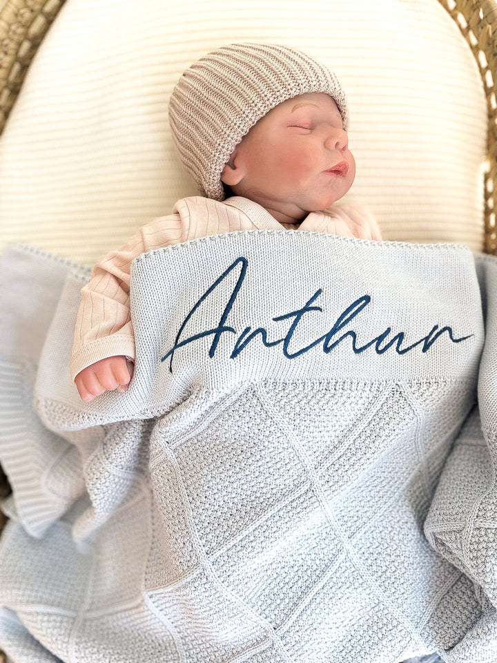 Mouliss Light Blue diamond knit personalized baby blanket — styling photo 3