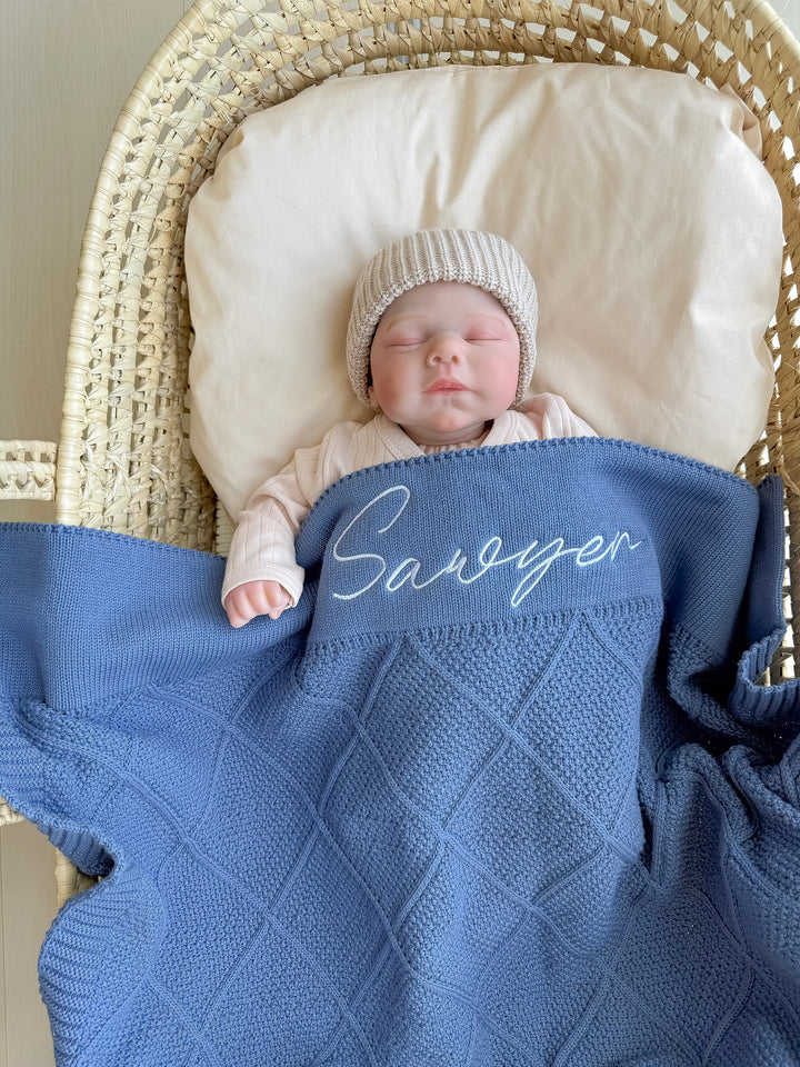 Mouliss Navy diamond knit personalized baby blanket — styling photo 1