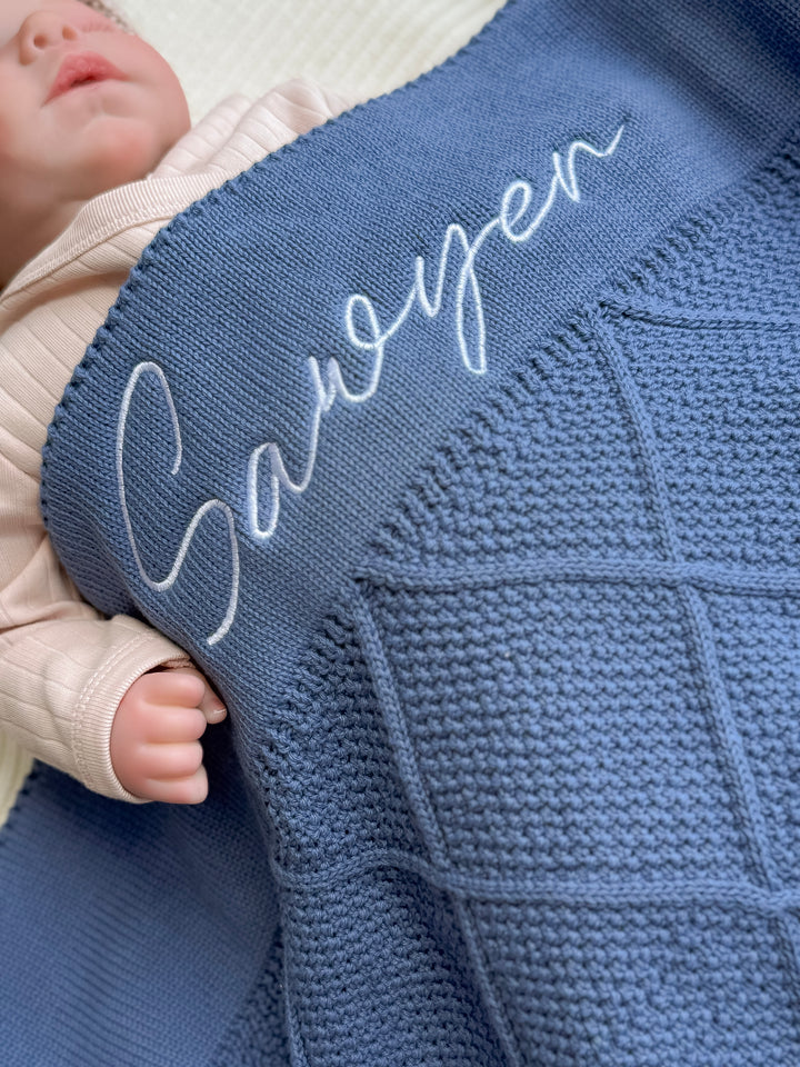 Mouliss Navy diamond knit personalized baby blanket — styling photo 2