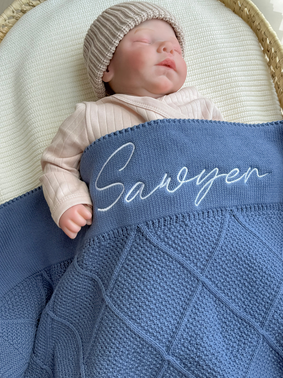 Mouliss Navy diamond knit personalized baby blanket — styling photo 3