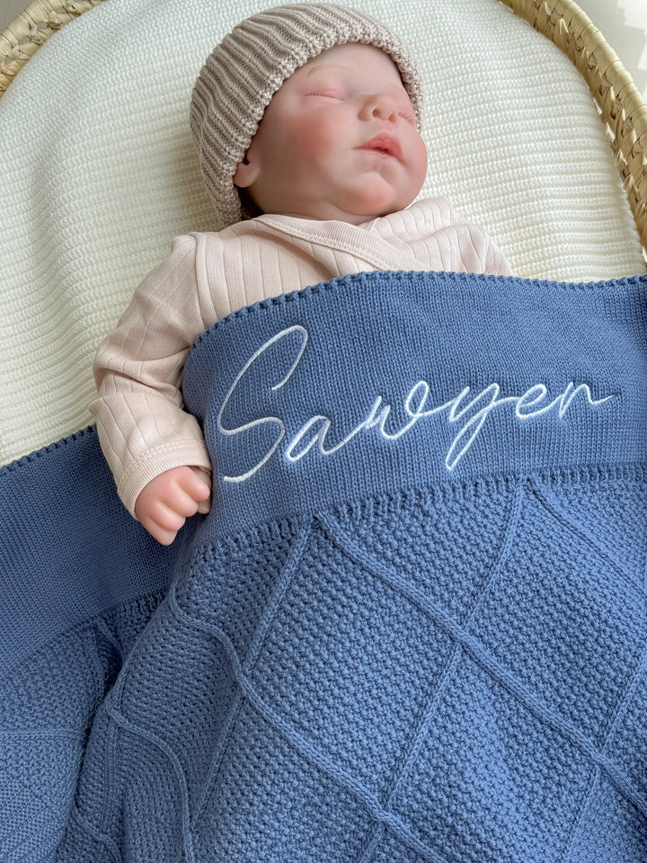 Mouliss Navy diamond knit personalized baby blanket — styling photo 3