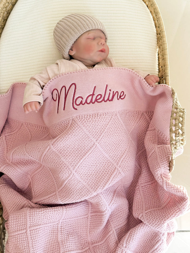 Mouliss Pink diamond knit personalized baby blanket — styling photo 1