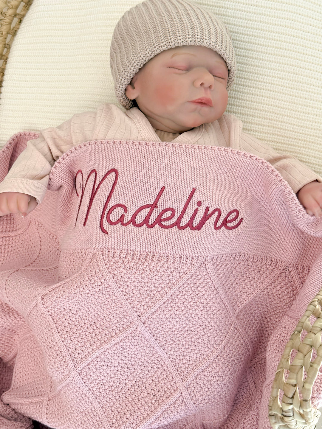 Mouliss Pink diamond knit personalized baby blanket — styling photo 2
