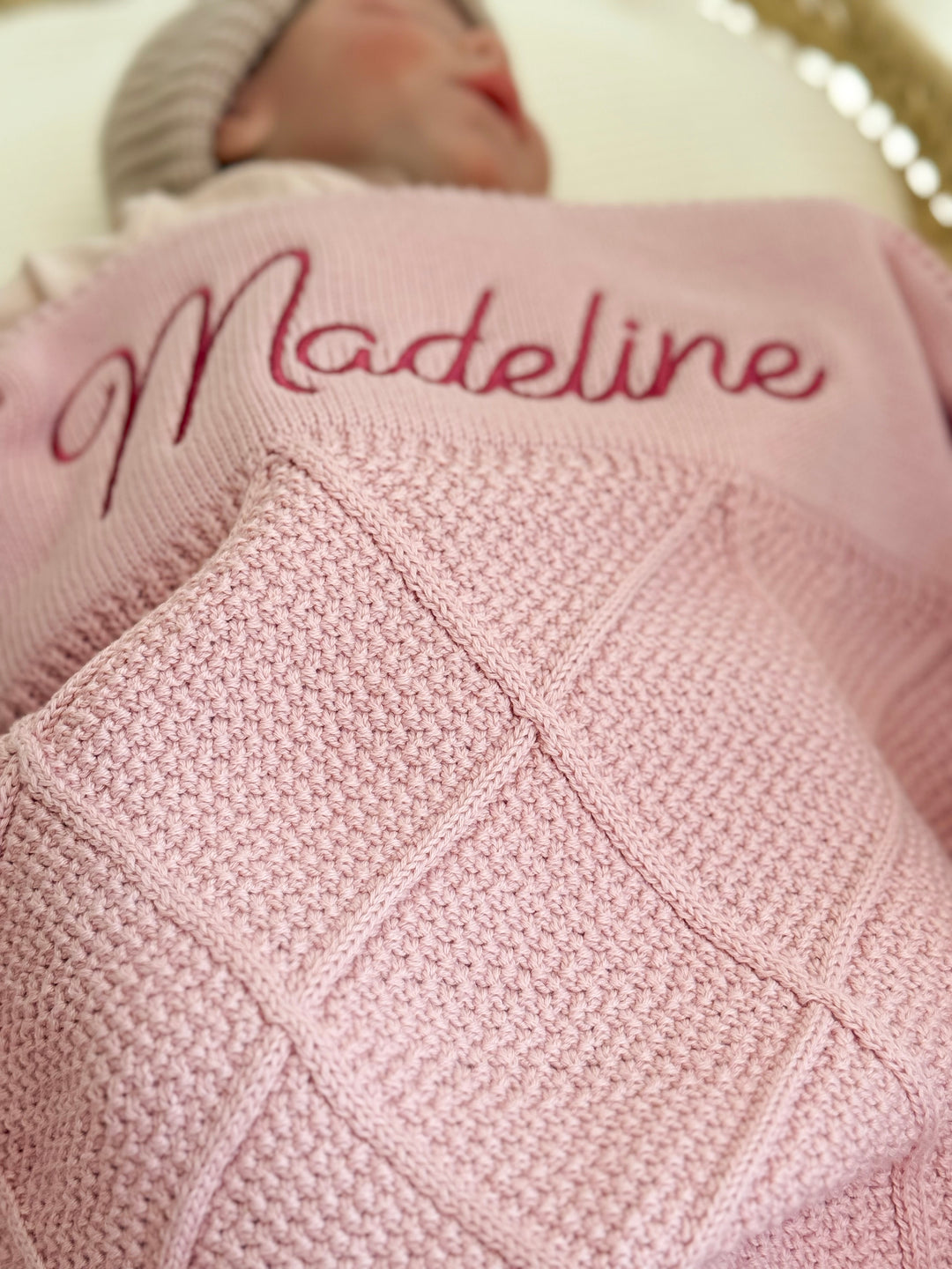 Mouliss Pink diamond knit personalized baby blanket — styling photo 3