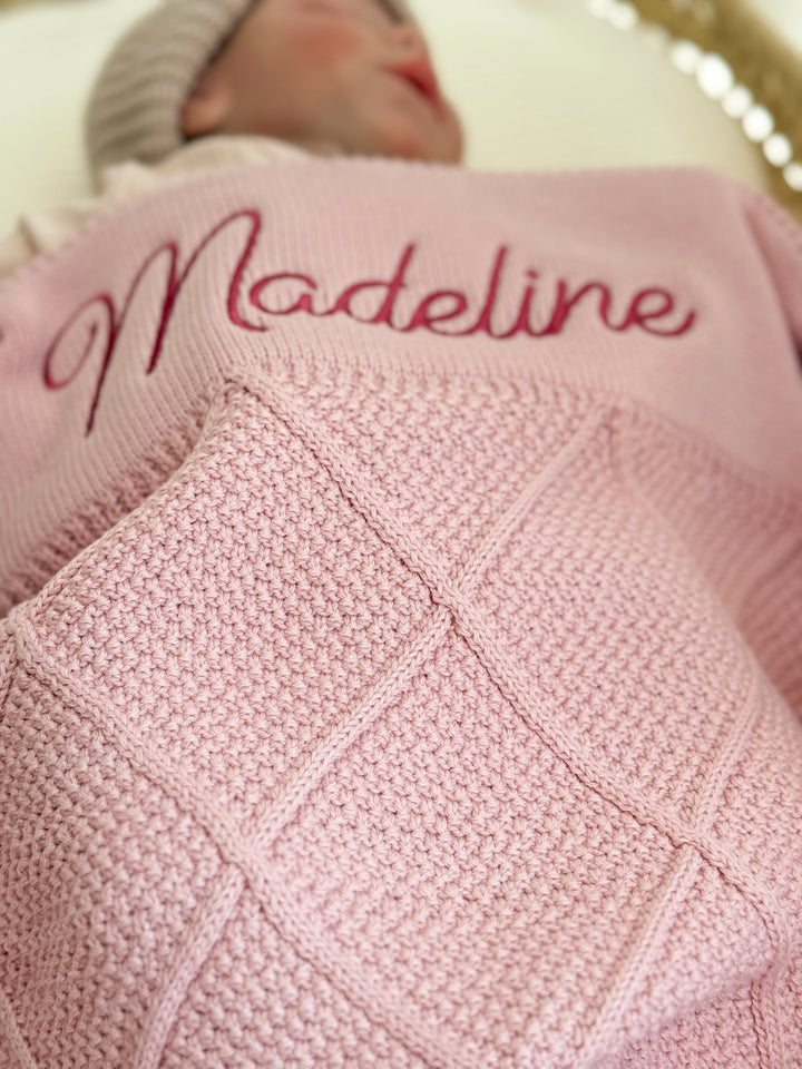 Mouliss Pink diamond knit personalized baby blanket — styling photo 3