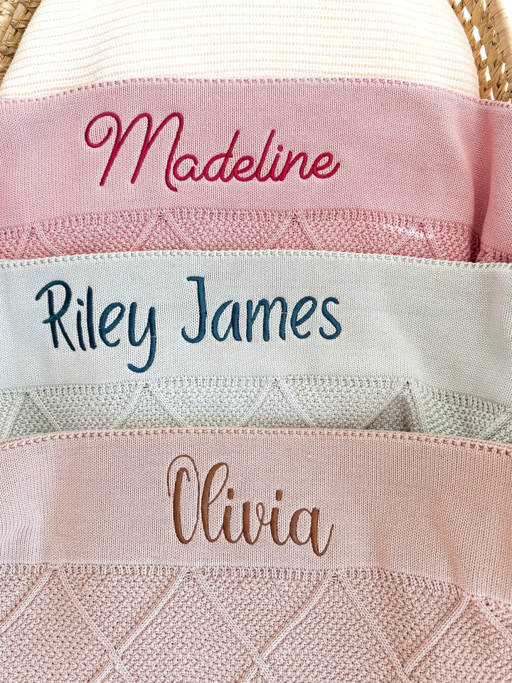 Mouliss Pink diamond knit personalized baby blanket — styling photo 4
