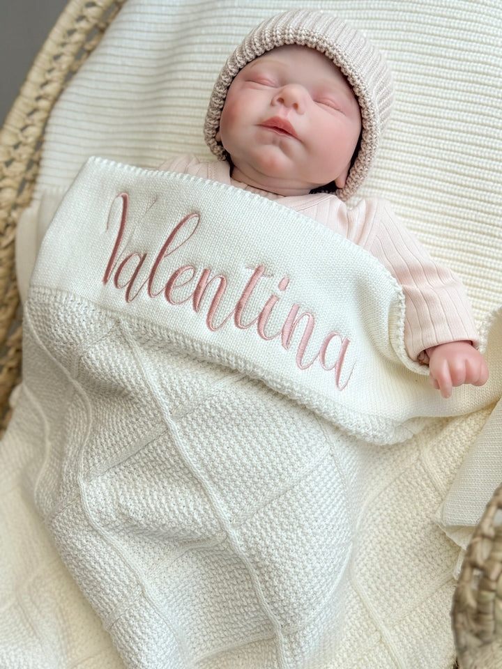 Mouliss White diamond knit personalized baby blanket — styling photo 1