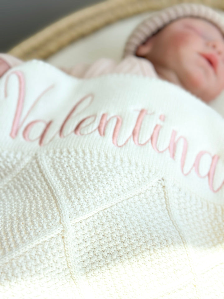 Mouliss White diamond knit personalized baby blanket — styling photo 3