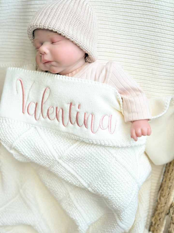 Mouliss White diamond knit personalized baby blanket — styling photo 2