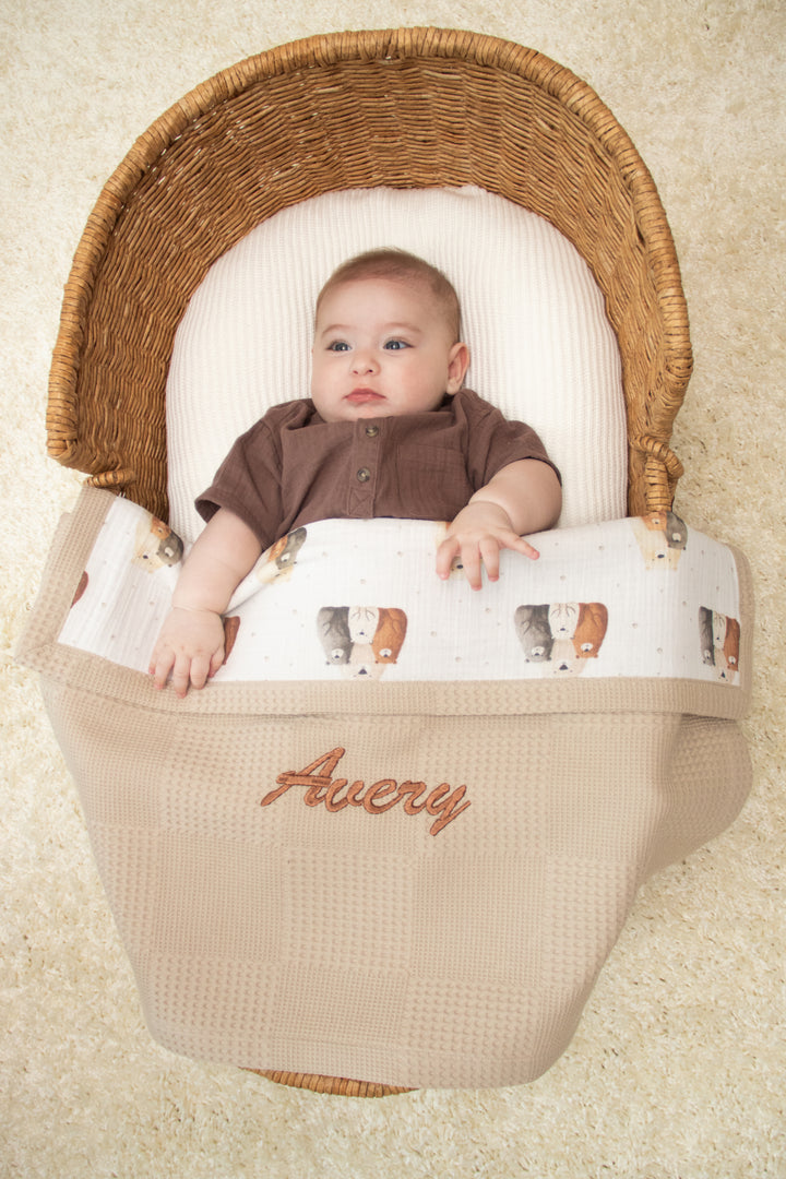 Mouliss baby in basket with personalized beige waffle baby blanket, bear muslin, embroidered name