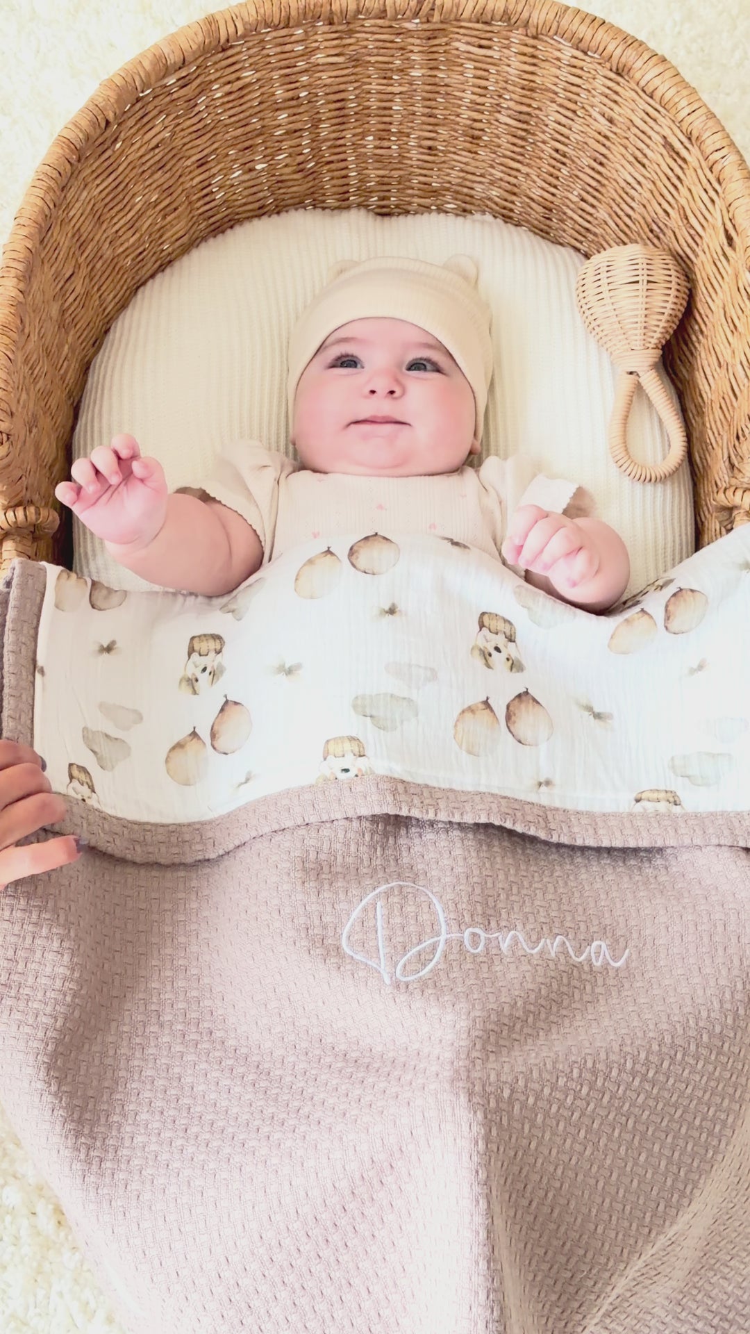 Mouliss personalized taupe baby blanket with woodland muslin, embroidered name, shown in basket