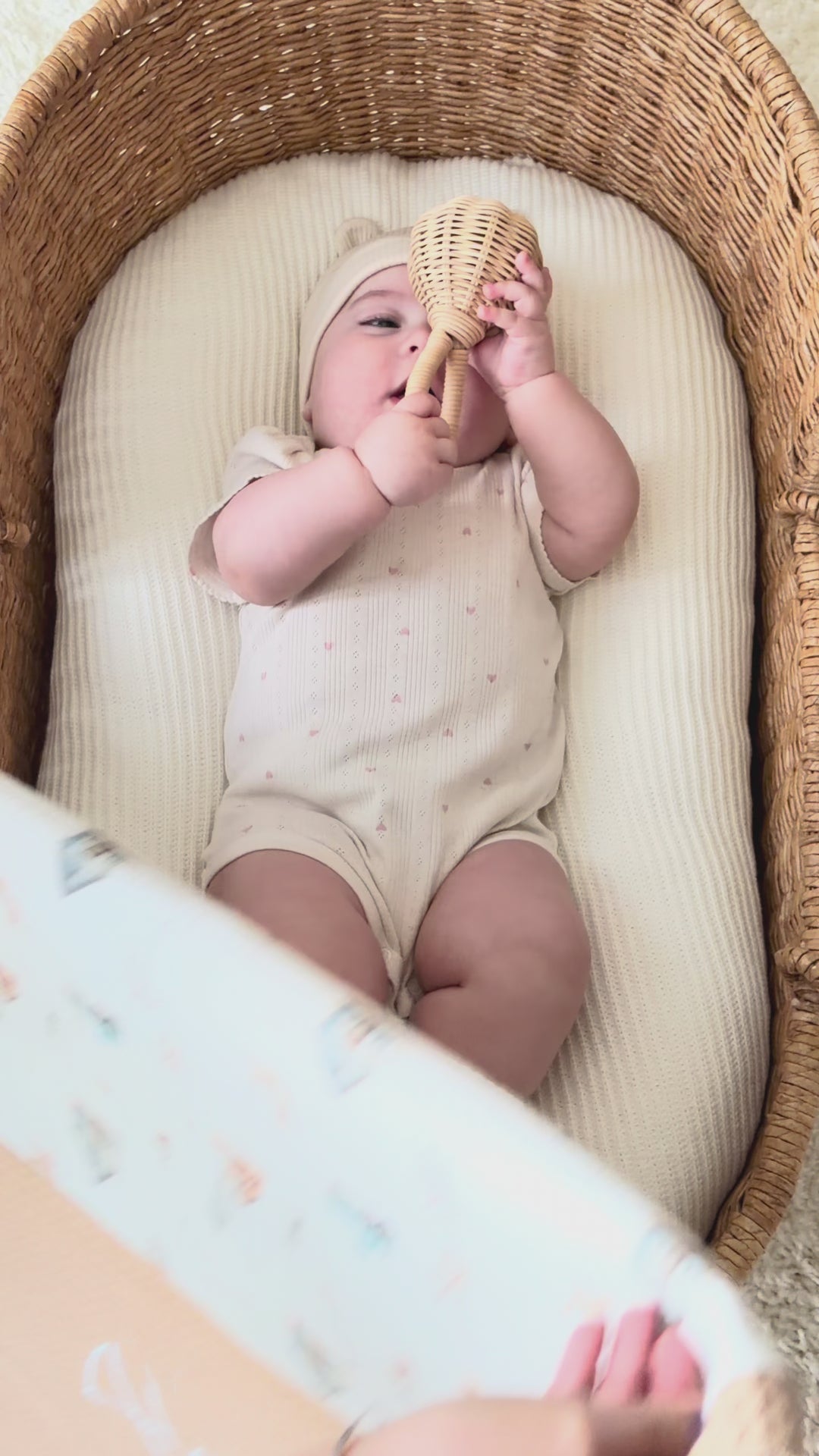 Mouliss personalized caramel baby blanket with animal muslin, embroidered name, shown in basket