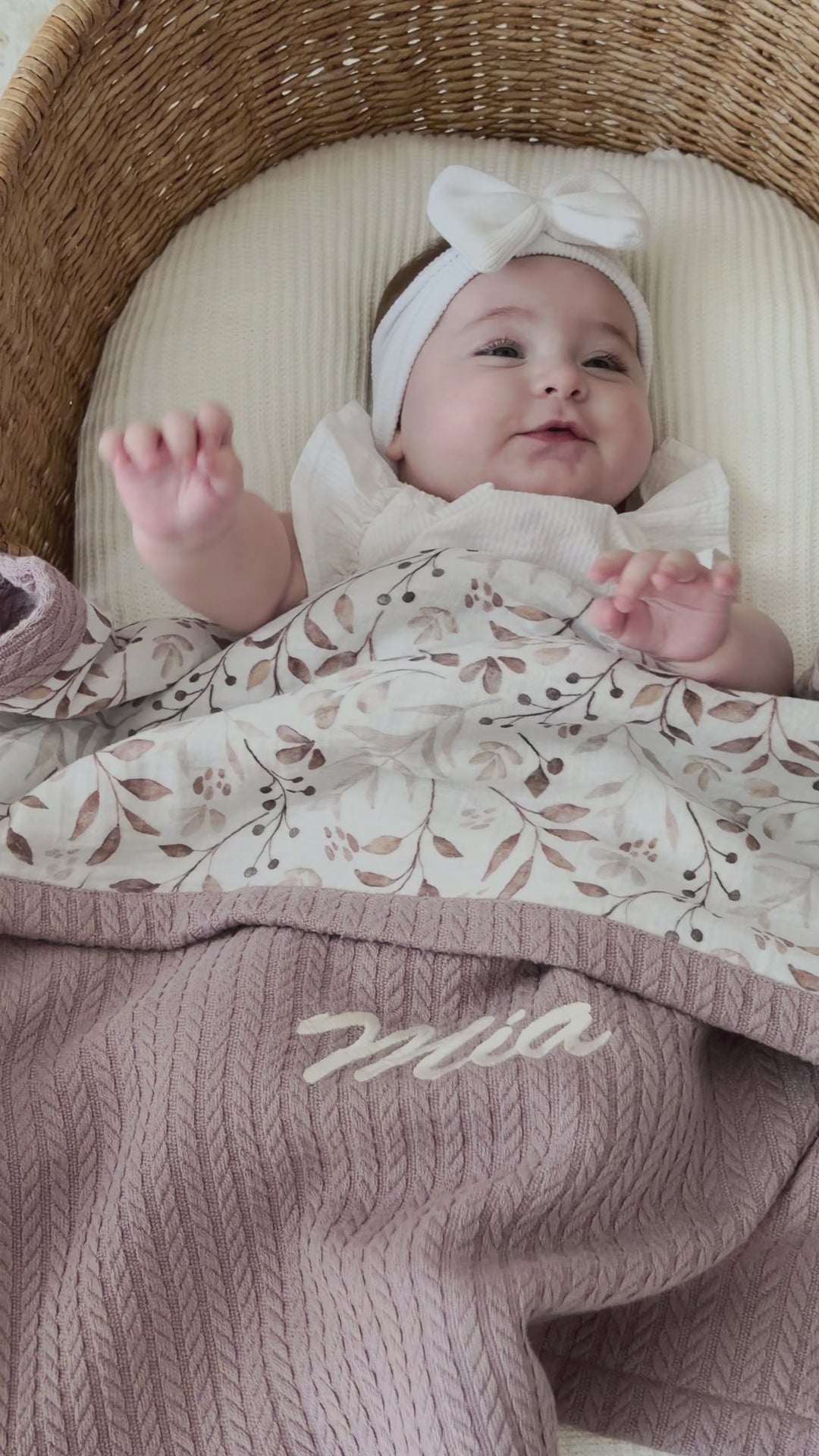 Mouliss personalized mauve baby blanket with leaf muslin, embroidered name, shown in basket